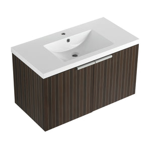 English Elm 36 Inch Silver-Brown Stripe Wall-Mounted Vanity with Resin Sink, Soft-Close Doors & Spacious Storage W999P204953