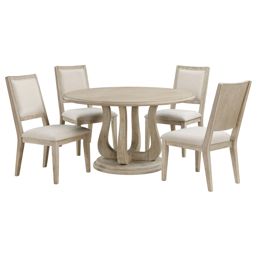 English Elm Rodota Round Pedestal Dining Set Whitewash Rubberwood Table Four Upholstered Chairs B062S01772