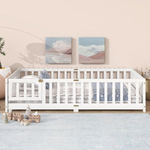 English Elm Twin Cozy Floor Bed With Protective Fence & Door, Eco-Friendly Rubberwood For Safe Sleep Spaces W504P286373-GIGA