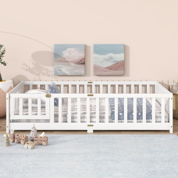 English Elm Twin Cozy Floor Bed With Protective Fence & Door, Eco-Friendly Rubberwood For Safe Sleep Spaces W504P286373-GIGA