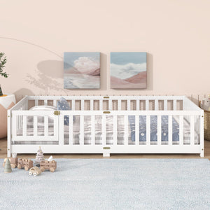 English Elm Twin Low Profile Rubberwood Floor Bed with Full Safety Fence for Toddler Rooms White W504P429270