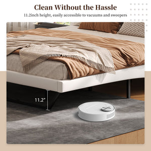 English Elm Queen Pu Leather Platform Bed Sculptural Wave Base Floating Silhouette Modern Bedroom White N761S0000032W