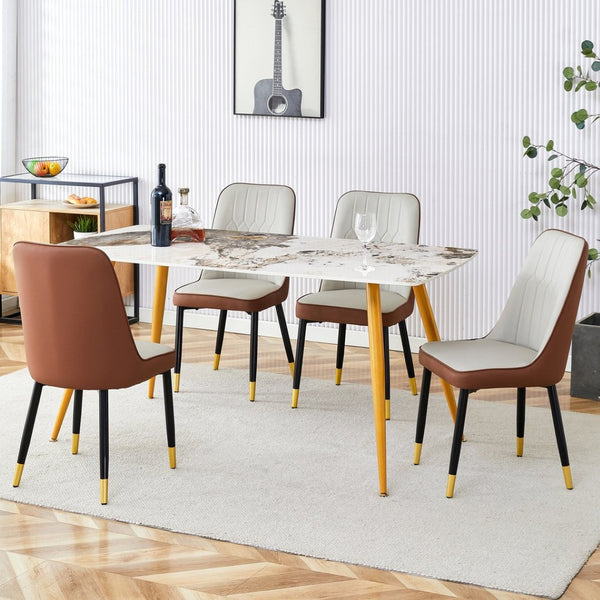 English Elm Table Modern Minimalist Dining Set With White Imitation Marble Top & 4 Pu Upholstered Chairs W1151S01678-GIGA