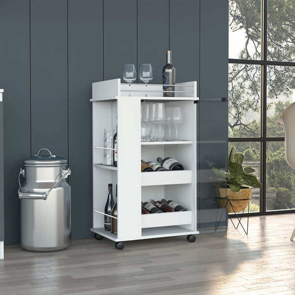 English Elm Baltimore White Bar Cart with Casters, Glass Door & 2 Side Shelves — Mobile Cocktail Station, Organized Storage B070P188861