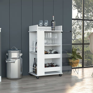 English Elm Baltimore White Bar Cart with Glass Door, 2 Side Shelves & Casters for Stylish Mobile Entertaining B200P188861