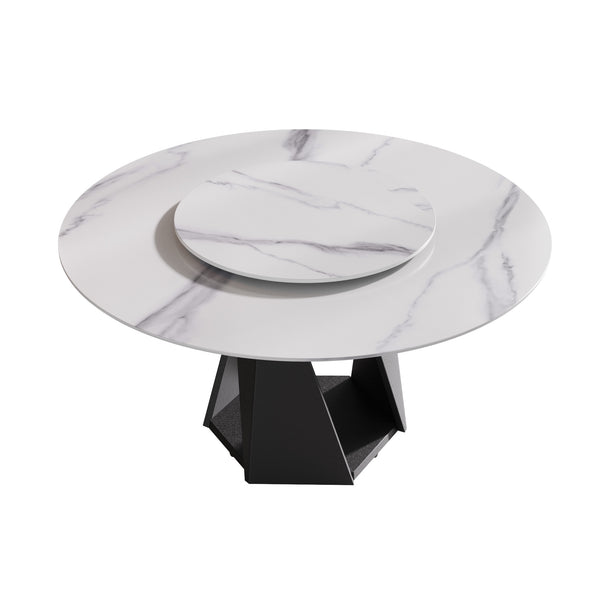 English Elm Metal Pedestal Round Dining Table Sintered Stone Top with Lazy Susan Seats Eight W1535P500494