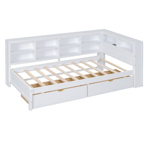 English Elm Wooden Twin Daybed with 2 Drawers, Built-In USB Charging & Double Shelf Storage, Pine Frame Durable White 42.91 L x 16.73 W x 6.69 H N733S170510K