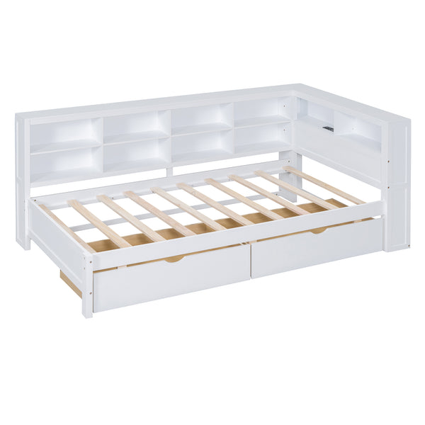 English Elm Wooden Twin Daybed with 2 Drawers, Built-In USB Charging & Double Shelf Storage, Pine Frame Durable White 42.91 L x 16.73 W x 6.69 H N733S170510K