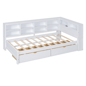English Elm Wooden Twin Daybed with Storage Drawers Usb Charging Shelf and Pine Frame White N733S347768K