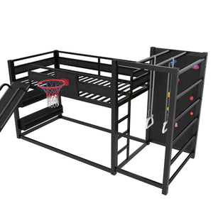 English Elm Twin Metal Loft Bed with Slide Basketball Hoop Climbing Wall and Built-in Shelves Black W1580S00342