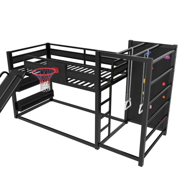 English Elm Twin Metal Loft Bed with Slide Basketball Hoop Climbing Wall and Built-in Shelves Black W1580S00342