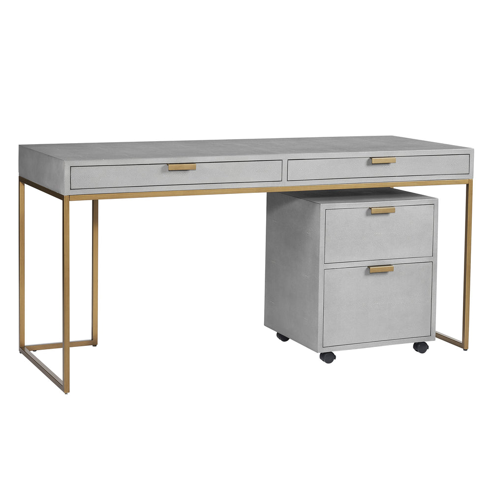 Sunpan Jiro Desk - Stylish Grey Shagreen with Antique Brass Hardware, Elegant Design & Ample Storage Space