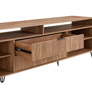 English Elm Dumbo 85" Fluted TV Stand with Gold Legs, 2 Drawers & 6 Shelves, Wire Management, Easy Snap Assembly Brown B365P397924