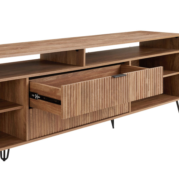 English Elm Dumbo 85" Fluted TV Stand with Gold Legs, 2 Drawers & 6 Shelves, Wire Management, Easy Snap Assembly Brown B365P397924