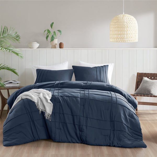 English Elm 3-piece Cal King Pintuck Pleated Microfiber Comforter Set Soft Washed Tailored Bedding Navy B035P463227