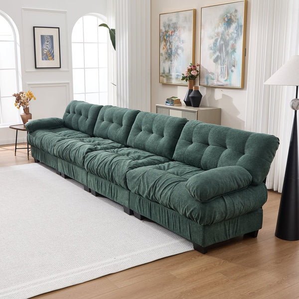 English Elm Modular Cloud Sectional Sofa Flannelette Upholstered Deep Seat with Plush Round Armrests Green W2120S00043