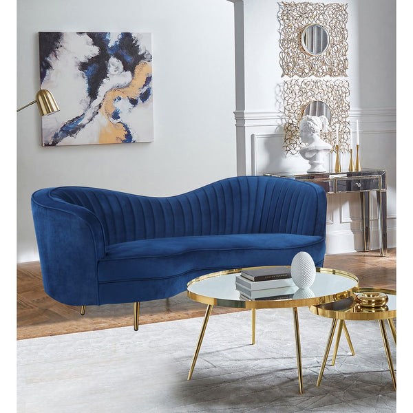 English Elm Marsden Sophia Blue Velvet Recessed Arm Sofa with Inverted Camel Back, Vertical Channels, Gold Legs B062P357811