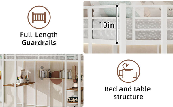 English Elm Iron framed bunk bed with L-shaped study desk and dual-side stairs, space-saving durable design White W1935P330796