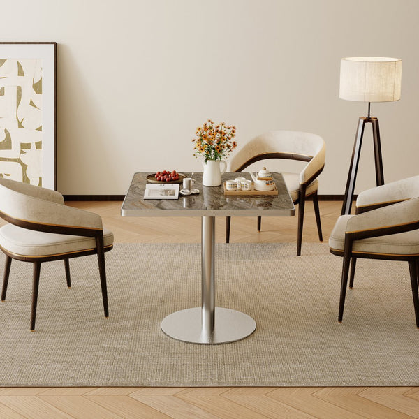 English Elm Square Bistro Pedestal Dining Table Faux Marble Top Gold Metal Base for Small Spaces W3316P421501