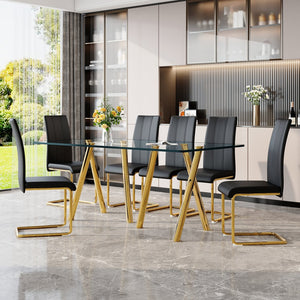 English Elm Tempered Glass Six Seat Dining Set Gold Metal Base Black Pu Leather Modern Glam W3875S00056