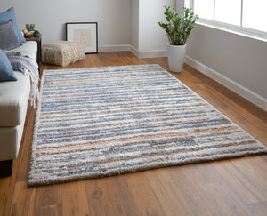Feizy Rugs Mynka High Pile Polyester Striped Rug – Stylish, Pet-friendly, Stain-resistant, Easy-care Area Decor Ivory,Blue,Orange Polyester Myn39iefmlt000p00