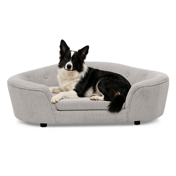 English Elm Oversized Oval Dog Sofa with Tufted Linen Backrest for Large Breed Lounging Comfort Beige W487P415300