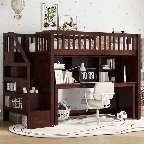 English Elm Twin Loft Bed with Movable Desk Open Shelving and Storage Stairs in Espresso W1580S00336