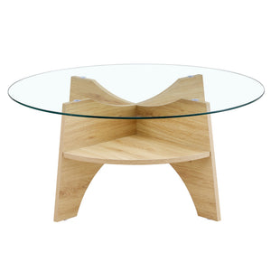 English Elm Round Tempered Glass Coffee Table with Fan Pedestal Base for Modern Living Rooms Natural Wood,Transparent W1151P256001