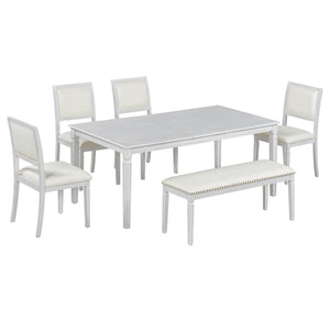 English Elm Trexm Rustic Farmhouse Extendable Dining Set Six Piece with Bench Distressed Wood Beige,White Washed ST000151AAE