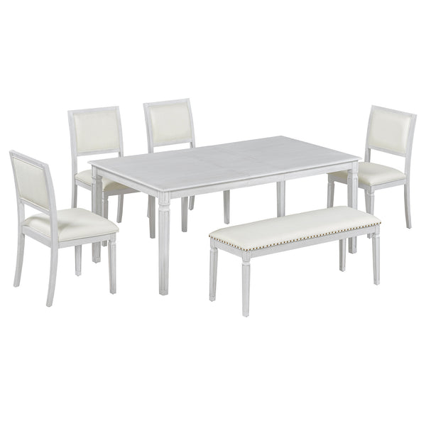 English Elm Trexm Rustic Farmhouse Extendable Dining Set Six Piece with Bench Distressed Wood Beige,White Washed ST000151AAE