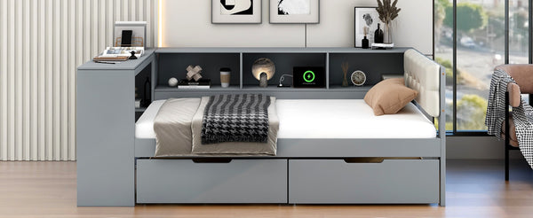 English Elm Wood Twin Size Platform Bed With Storage, Charging Station & Upholstered Headboard - Gray Design GX002107AAE-1-GIGA