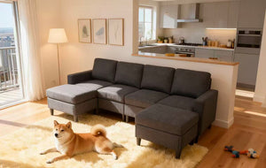 English Elm Cordory Corduroy Modular Sectional with Ottomans Retro Exposed Legs Living Room B2748S00034
