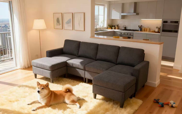 English Elm Cordory Corduroy Modular Sectional with Ottomans Retro Exposed Legs Living Room B2748S00034