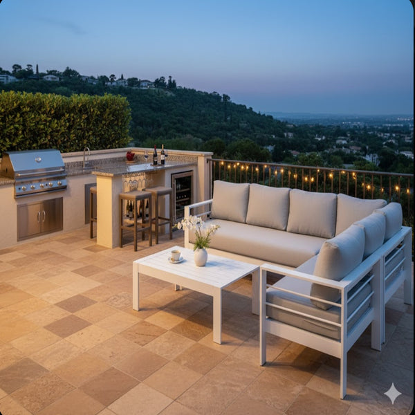 English Elm 4-piece Aluminum Modular Outdoor Sectional Set Seats 7 with Cushions and Wpc Table B082S00081