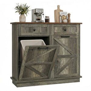 English Elm Double Tilt Out Trash Bin Cabinet with Drawers Odor Blocking Kitchen Laundry Storage Grey+Brown T5831P489239