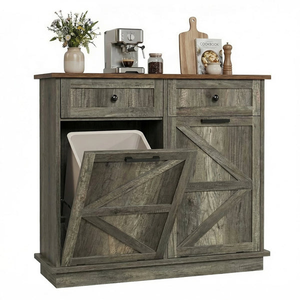 English Elm Double Tilt Out Trash Bin Cabinet with Drawers Odor Blocking Kitchen Laundry Storage Grey+Brown T5831P489239