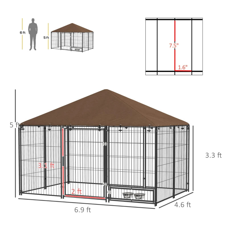 English Elm Pet Kennel Outdoor Steel Frame Dog Playpen with Oxford Roof and Built in Feeding Bowls T3971P456117