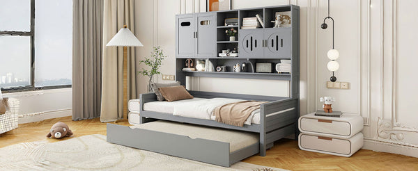 English Elm Twin Size Wooden Daybed With Trundle, Integrated Storage Cabinet & Shelves For Kids' Rooms, Gray N820S00026E-GIGA
