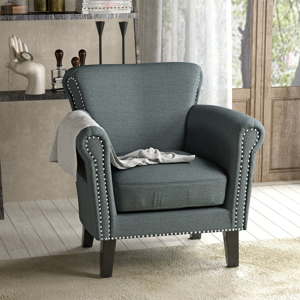 English Elm Christopher Knight Home® - CLUB Chair with Curved Silhouette and Nailhead Trim — Upholstered Luxury Accent Seat with Birch Legs Blue+Grey 31.5 L x 24.75 W x 23 H 60841.00STB