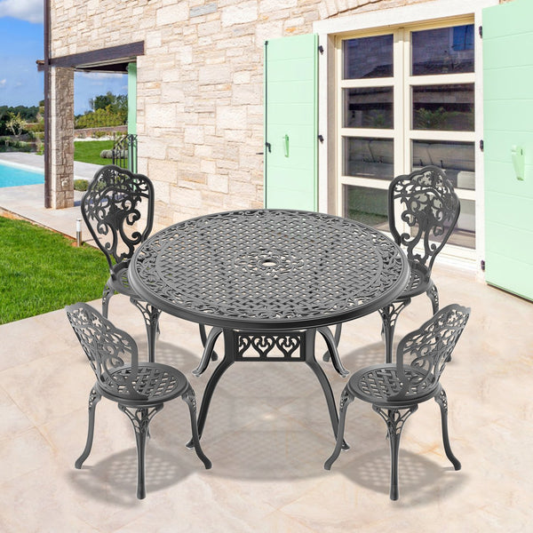 English Elm 5-Piece All-Weather Cast Aluminum Dining Set With Round Table & Black Frame For Outdoor Spaces W1710S00231