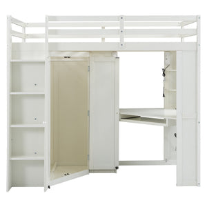 English Elm Twin Loft Bed with Wardrobe Desk Charging Station and Spotlights for Small Rooms Beige White LT000450AAK