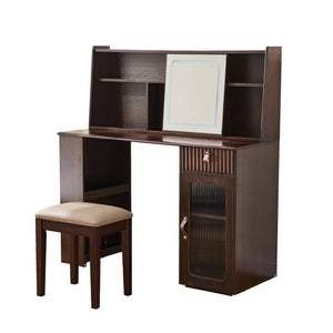 English Elm Elegant Walnut Makeup Vanity with Sliding 3-Color LED Mirror, Large Shelves, Fluted Drawer & Cabinet N844P257533W