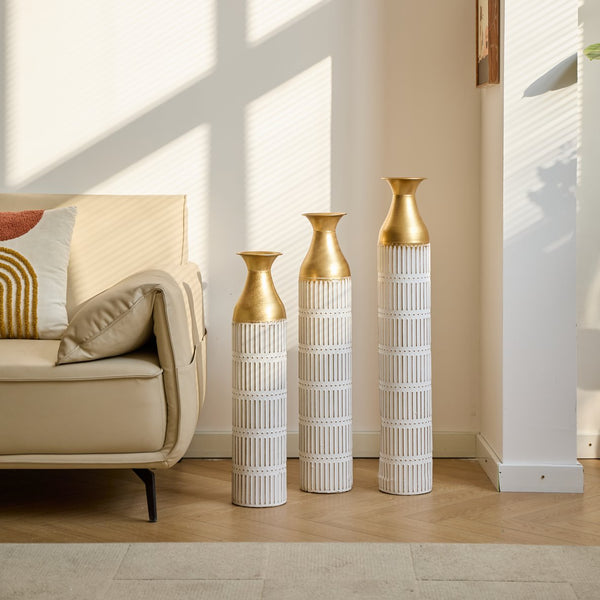 English Elm Floor White Metal Vases Set of 3 — Tall Glazed Cylinder Decor with Hammered Gold Trim, 24/28.7/33.5in W2796P193943