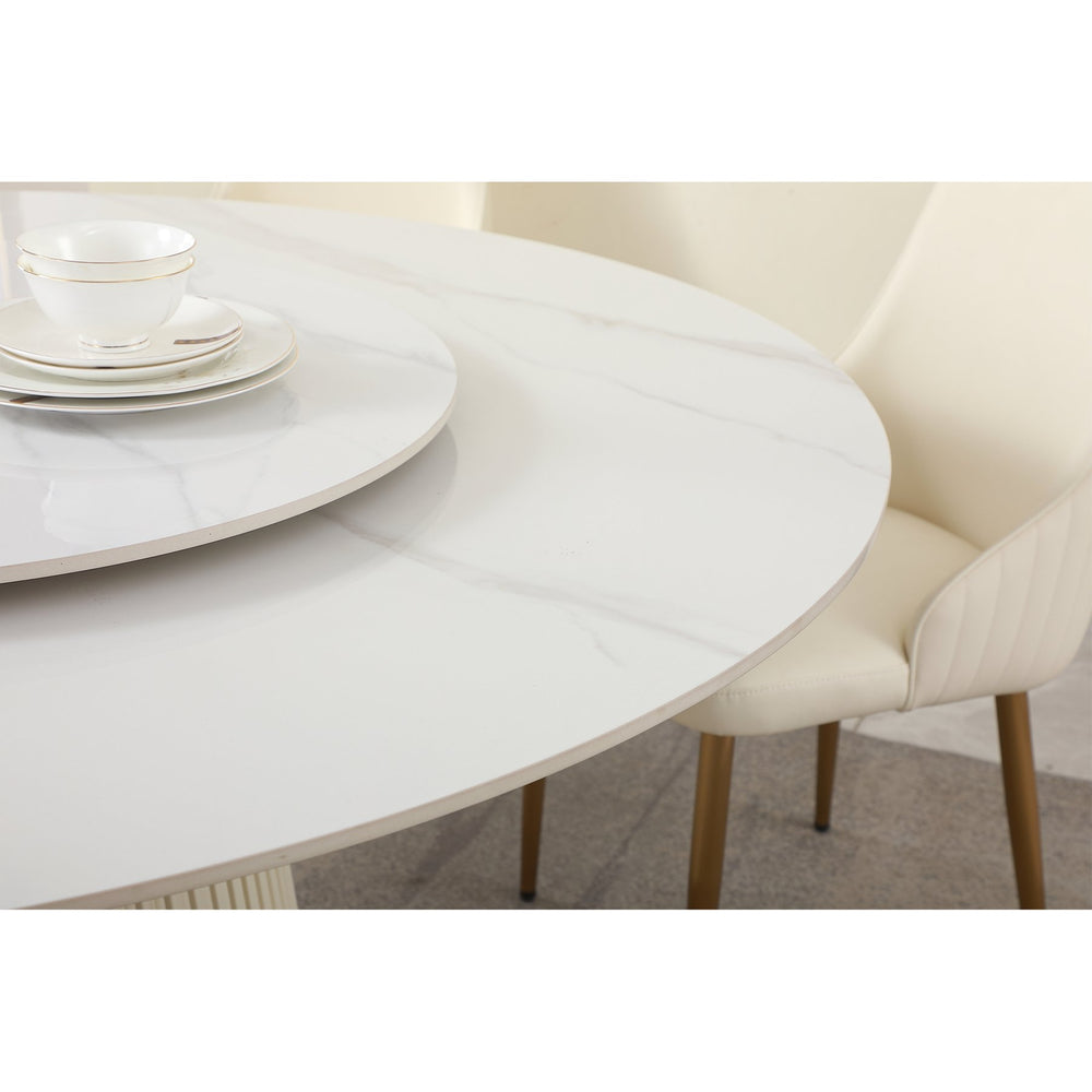English Elm 59"modern Sintered Stone Round Dining Table with Turntable Leather Pedestal Seats Eight W509S00164