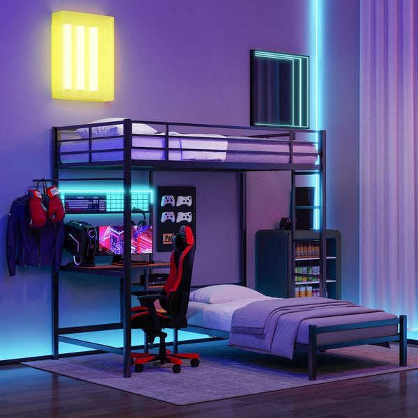 English Elm Metal Twin Over Bunk Bed with Full Guardrail Ladder and Convertible Iron Frame W3752S00010