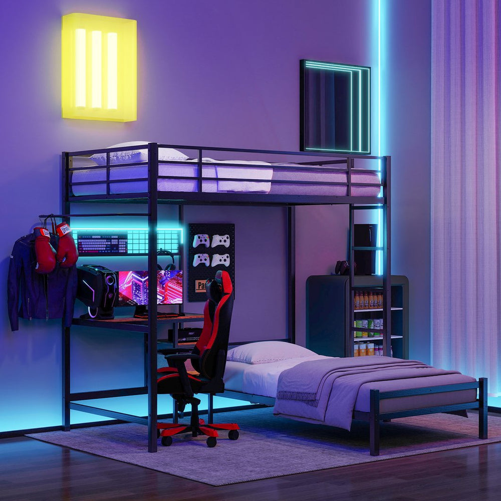 English Elm Metal Twin Over Bunk Bed with Full Guardrail Ladder and Convertible Iron Frame W3752S00006
