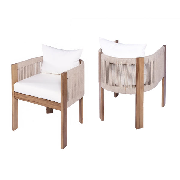English Elm Christopher Knight Home® - Matera Teak & Beige Dining Chairs Set of 2 – Acacia Wood Frame, Rope Back, Removable Washable Cushions N775P255932T