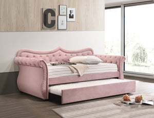 English Elm Adkins Pink Velvet Upholstered Daybed with Trundle Twin, Button-Tufted, Nailhead Trim, 330lb Capacity B2726S00407