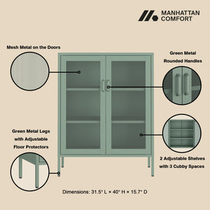 English Elm Amelia Metal Accent Cabinet 32" — Steel Mesh Doors, Adjustable Shelves, Minimalist Legs for Modern Storage Solutions Sage Green B365P397886