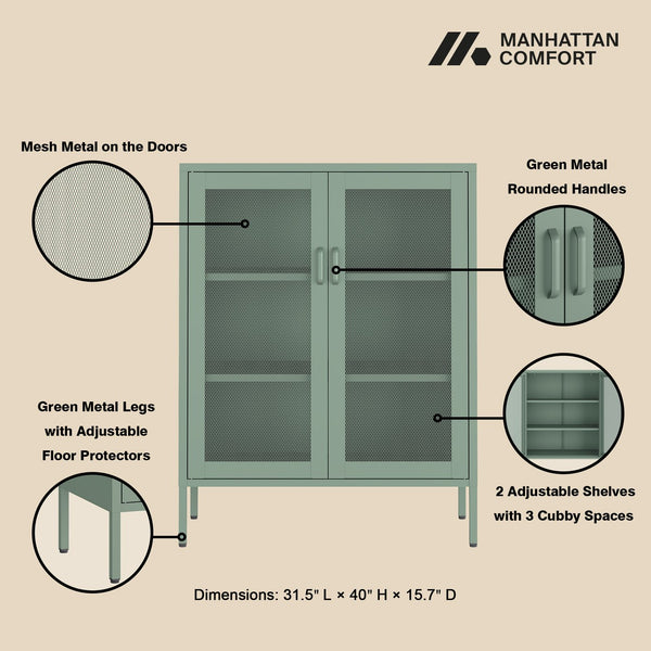English Elm Amelia Metal Accent Cabinet 32" — Steel Mesh Doors, Adjustable Shelves, Minimalist Legs for Modern Storage Solutions Sage Green B365P397886